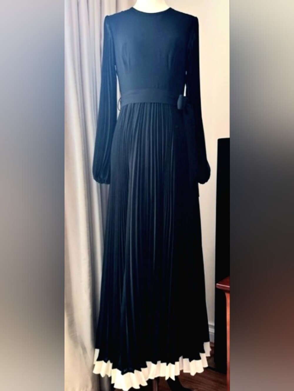 Zimmermann Black Long Puff Sleeve Pleated Maxi Dress with White Hem